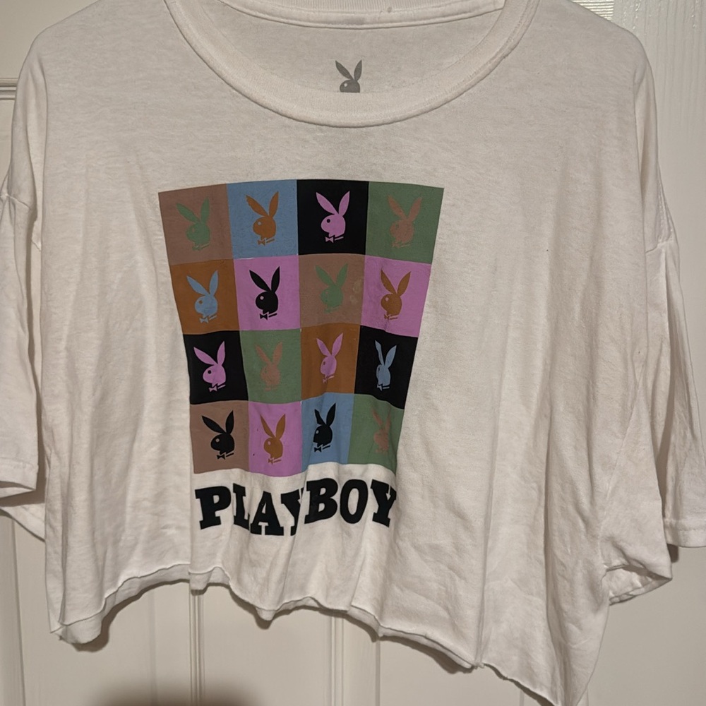 PLAYBOY White Short Sleeve Tee with Multi-Color Bunny Grid